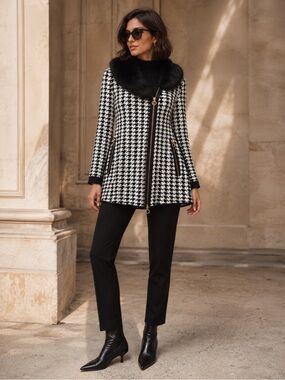 Belldini Black & White Houndstooth Sweater Coat with Removable Faux Fur Collar